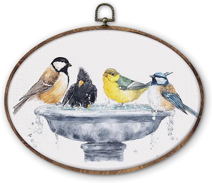 DILSJ Bird Oval Wall Art Decor, Country Bird Bath Canvas Wall Art Framed, Rustic Watercolor Birds Hanging Decorations for Bathroom Washroom Restroom Toilet, 8.5x11 Inch