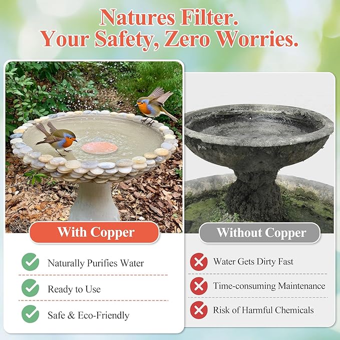 2pcs Bird Bath Copper Disk, Premium 99.99% Pure Copper, Less Cleaning Frequency, 0.6mm Pure Copper Cleaning Disk, Bird Bath Accessories, Physical Safe Water Purify Outdoor Bird Bowls