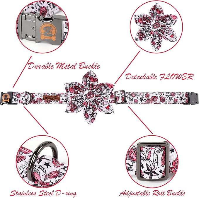 MR. CHUBBYFACE Valentine's Dog Collar with Flower-Cute Pink Rose Cotton Dog Collar, Adjustable Valentine's Boy Girl Dog Collars with Metal Buckle for Small Medium Large Dogs