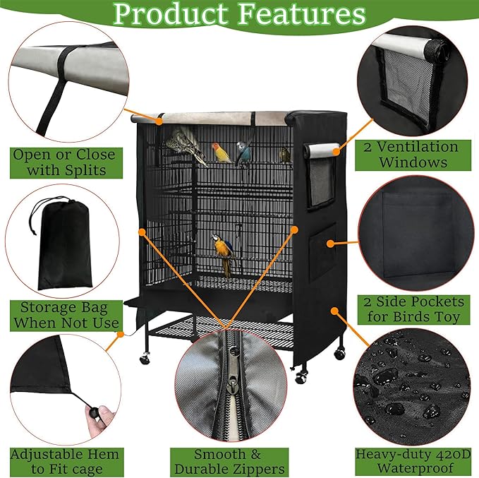 Universal Birdcage Cover Blackout & Breathable for Pets' Good Night, Bird Parrot Cage Cover Durable Washable for Parakeets Lovebirds Budgies Macaw Conure Square Cages, Large (26" L x 19" W x 40" H)