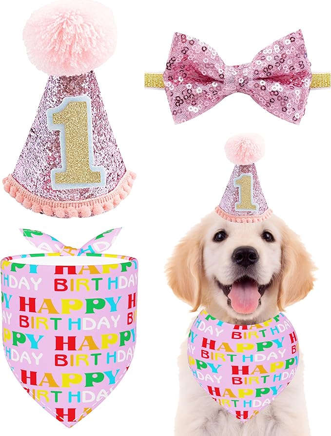 PET SHOW Small Dog Birthday Party Hat for Pets 1-Year-Old Birthday Party Cat Kitten Headband Hats Grooming Accessories Pink Set