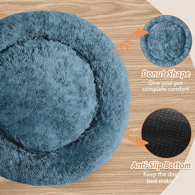JOLLYVOGUE Calming Dog Bed Large Size Dog, Anti-Anxiety Donut Large Pet Bed, 36 inches Fluffy Faux Fur Round Cat Bed, Fits up to 75 lbs Pets (Blue)