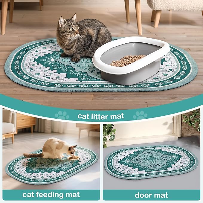 Bienbee Cat Litter Mat, 33" x 22" Large Size Litter Box Mat Rug with Non-Slip Bottom,Urine and Water Proof, Easy to Clean Cat Supplies Essentials for Indoor Kitty Kitten Floor,Green L
