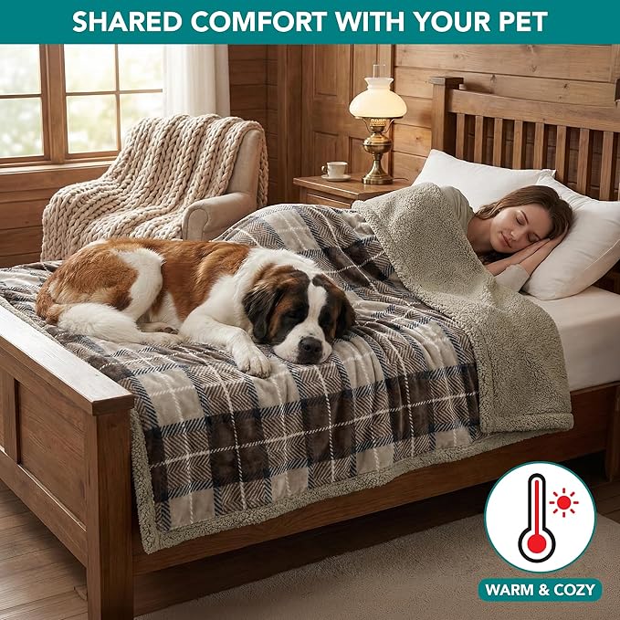 PetAmi Waterproof Dog Blanket for Medium Large Dog Puppy Cat Throw for Couch Cover Leakproof Protection, Sherpa Fleece, Reversible Soft Washable 60x40 Plaid Taupe