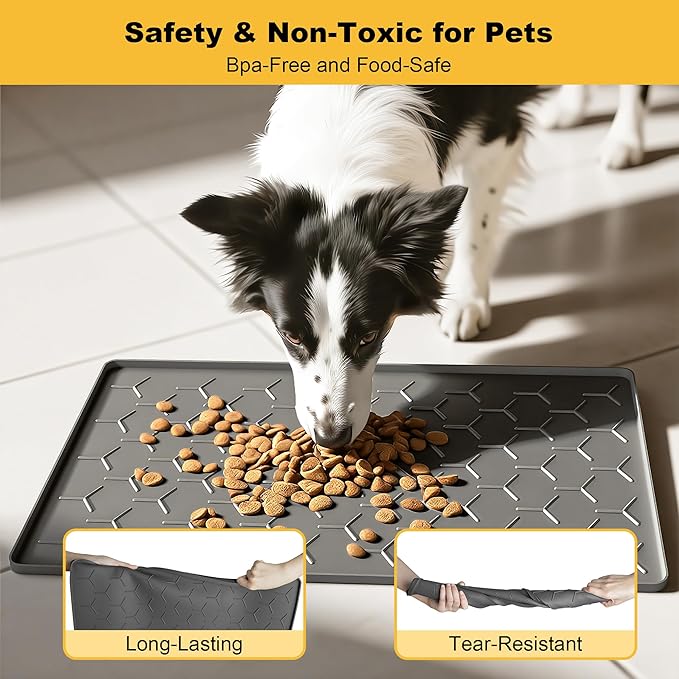 Pieviev 24''x16'' Dog Cat Food Bowl Mat, Silicone Waterproof Food Grade Pet Food Mat for Floor, High Raised Edge to Prevent Spills, Non-Slip & Easy Clean Pet Placemat for Dog & Cat Bowls, Dark Gray