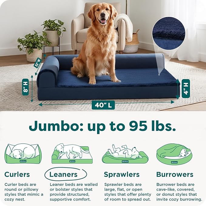 Furhaven Orthopedic Dog Bed for Large Dogs w/ Removable Bolsters & Washable Cover, For Dogs Up to 95 lbs - Plush & Velvet L Shaped Chaise - Deep Sapphire, Jumbo/XL