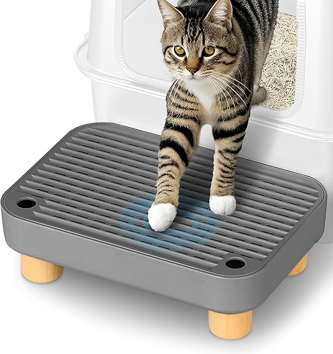 Litter Box Step, Litter Box Ramp/Catcher with Wooden Base, Anti-Tracking & Easy to Clean, Ideal for Small & Elderly Cats (Dark Gray)
