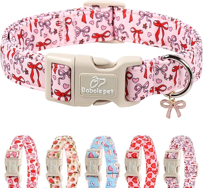 Girl Dog Collar for Medium Dogs - Cute Heart Bow Print Girly Dog Collars, Soft Adjustable Spring/Summer Holiday Female Dogs Collar with Quick-Release Buckle M