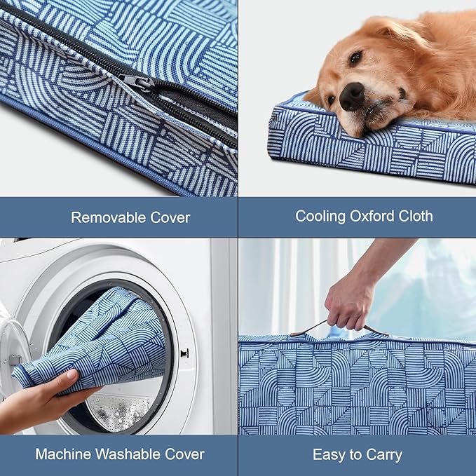 Outdoor Extra Large Dog Bed, Jumbo Waterproof Dog Bed for Large Dogs, Orthopedic Egg Crate Foam Pet Mat with Removable Oxford Cooling Cover, White Blue