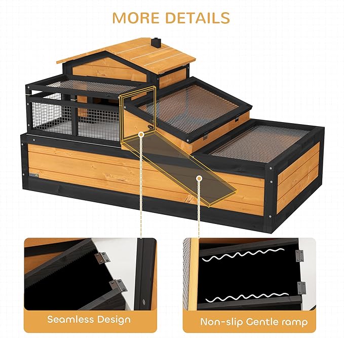 PawHut 3- Room Tortoise House Habitat with Balcony & 2 Stories, Indoor/Outdoor Wooden Tortoise Enclosure with Ladder, Tray, Openable Roof, Large Reptile Cage, 44" x 25.5" x 23", Yellow