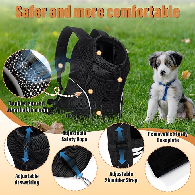 YUDODO Dog Front Carrier Backpack, Adjustable Breathable Pet Carrier for Small Dogs, Ventilated Puppy Back Pack with Safety Belt, Lightweight Doggy Backpack for Hiking Outdoor (Jet Black, M)