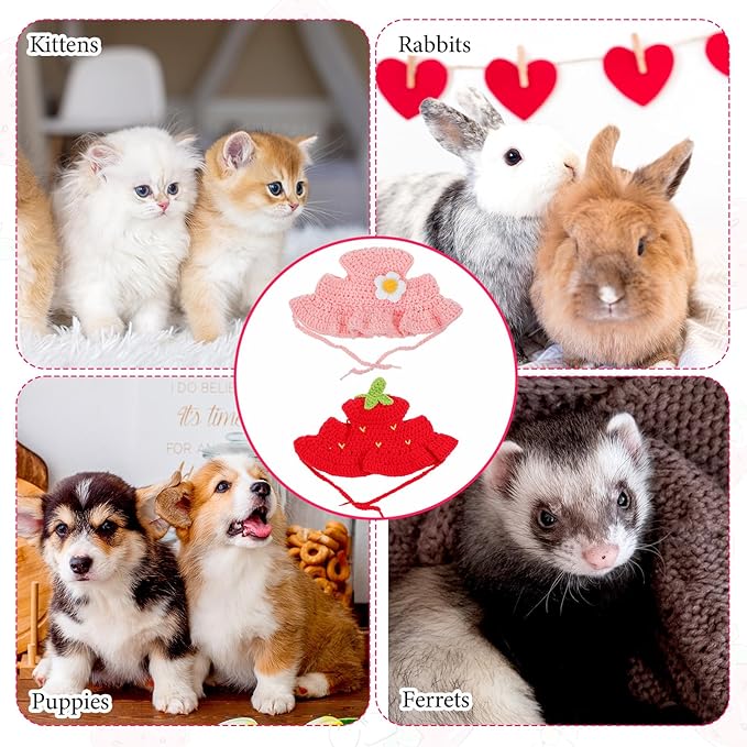2PCS Strawberry Cat Hats Cute Flower Crochet Hats for Cats Small Pets Birthday Party Christmas Halloween Easter Travel Accessories Puppy Hat