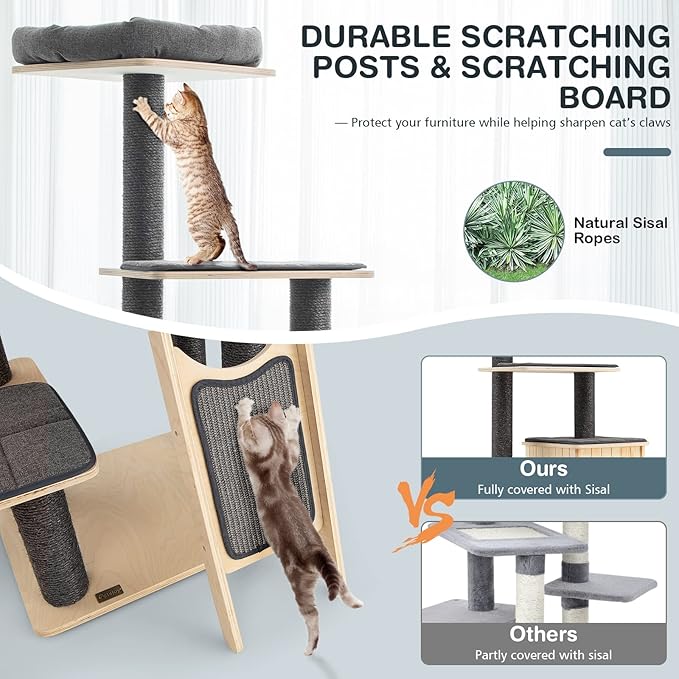 PETSITE 69-inch Tall Wooden Cat Tree Tower, Modern Cat Activity Center Tree with Sisal Scratching Posts & Board, Condo & Top Perch for Indoor Cats, Grey