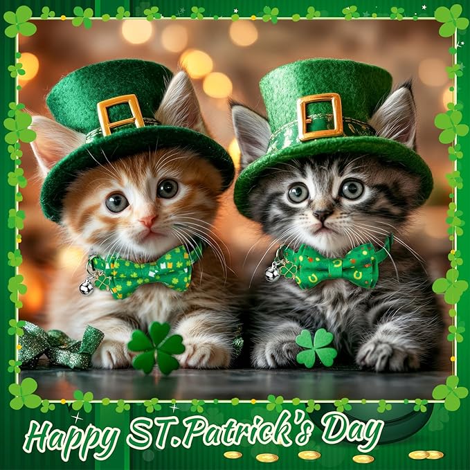 Hsei 6 Pcs St. Patrick's Day Cat Collar Bulk with Bow Tie Bell Irish Lucky Shamrocks Clover Green Hats Rainbows Kitten Adjustable Breakaway Bowtie Collar for Cats Small Dog Holiday Party Favors Gifts