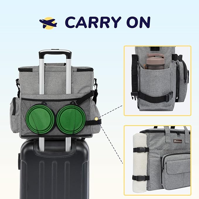 Modoker Dog Travel Organizer with 2 Collapsible Bowls for Supplies & Accessories, Airline Approved Dog Tote Pet Travel Bag with 2 Travel Food Container