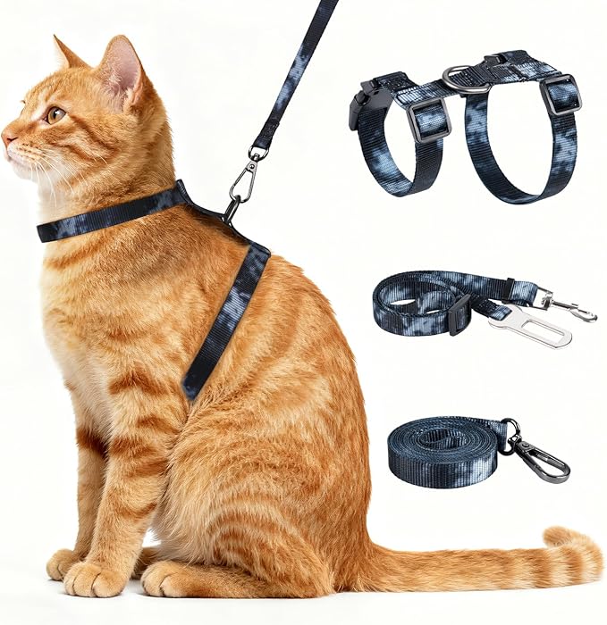 Cat Harness and Leash Set, 3-in-1 Escape Proof Adjustable, Comfortable Soft Lightweight, Safe, Easy to Wear, Walking Travel Kitten Harness for Small Medium Large Cats （Black