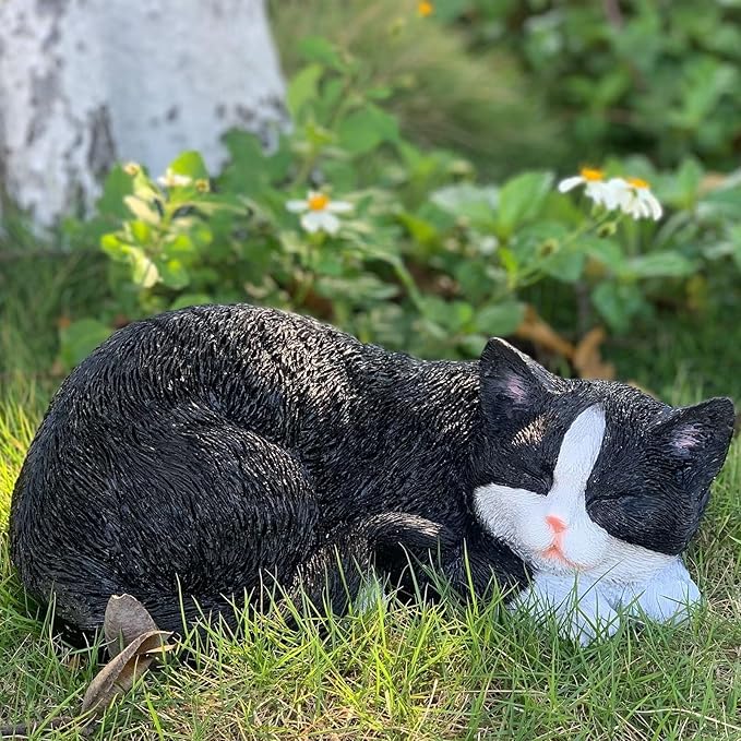 Cat Statue Outdoor Cat Figurines Garden Decor, Black Tabby Statue Figurine Decor Sculpture for Patio, Yard, Sleeping Tabby Statues for Indoor Table Accessory, Gift for Mom