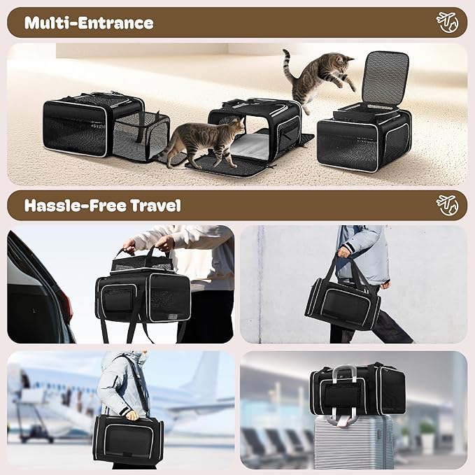 Top and 2 Sides Expandable Cat Carrier 18x13.5x9.5, TSA Airline Approved Dog Carriers for Small Dogs, Soft-Sided Pet Carrier with Self-Locking Zippers for Kitten,Rabbit,Puppy, Black White