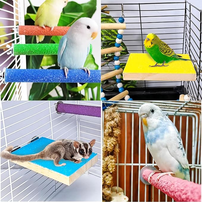 7 PCS Parrot Perch Stand Natural Wood Bird Perch Stand Platform Paw Grinding Sticks Cage Accessories Exercise Toys for Budgies Parakeets Cockatiels Conures Lovebirds