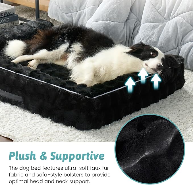 Faux Rabbit Fur Orthopedic Dog Bed, Large Dog Bed, Supportive Foam Pet Sofa with Waterproof Lining Cover, Washable U-Shaped Pet Couch with Anti-Slip Bottom Design, Black XL 42x30x7 inch