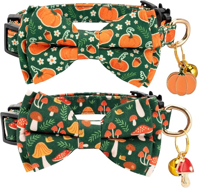 2 Pack Cotton Cat Collar with Bow Tie and Bell for Male Female Cats,Soft Fancy Breakaway Kitty Kitten Collar with Ghost& Pumpkin Patterned Design for Boy Girl Cats. (Pumpkin&Mushroom)