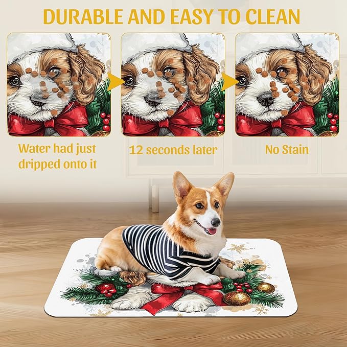 Christmas Dog and Cat Food Mat, Absorbent Feeding Placemat, Waterproof Non-Slip Rubber Base – 12x20 Inch