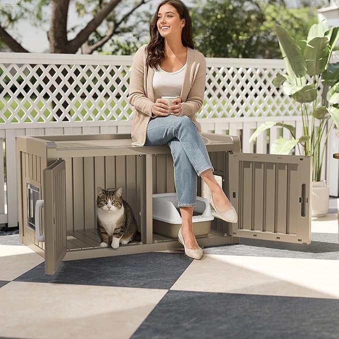 Cat Litter Box Enclosure Resin Hidden Cat Litter Box Furniture Multi-Functional Double Door Spacious Odorless Waterproof UV-Resistant Indoor Outdoor Use Grey