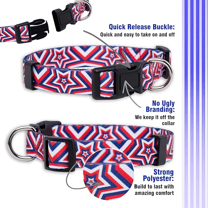 Native Pup American Flag Dog Collar- Red White and Blue- Patriotic Collars for 4th of July, USA- Adjustable Small, Medium, Large Breed Dogs (Small, Big Stars)