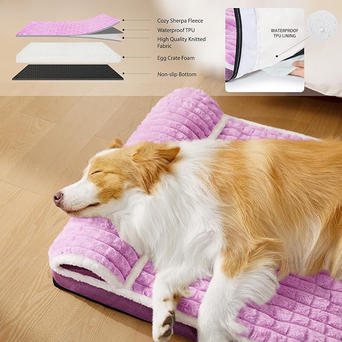 Orthopedic XL Dog Bed Large Sized Dog with Pillow 48''X30'', Waterproof Soft Comfortable Egg Crate Foam Pet Crate Beds Mat with Removable Washable Cover and Non-Slip Bottom, Lilac