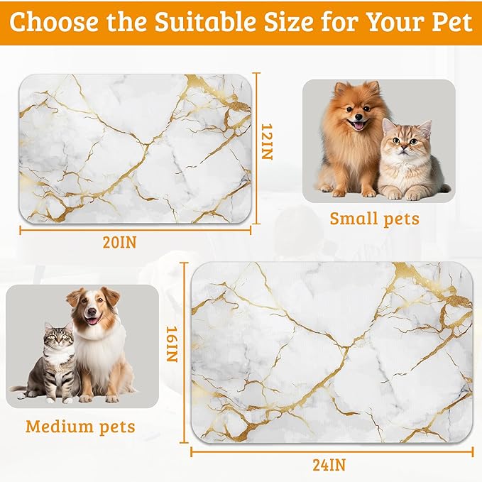 Abstract Marble Dog Food Mat,White Gold Absorbent Pet Feeding Mat for Food and Water Bowl,Quick Dry Dog Placemat Non Slip Rubber Backing Waterproof Pet Supplies 12" x 20"