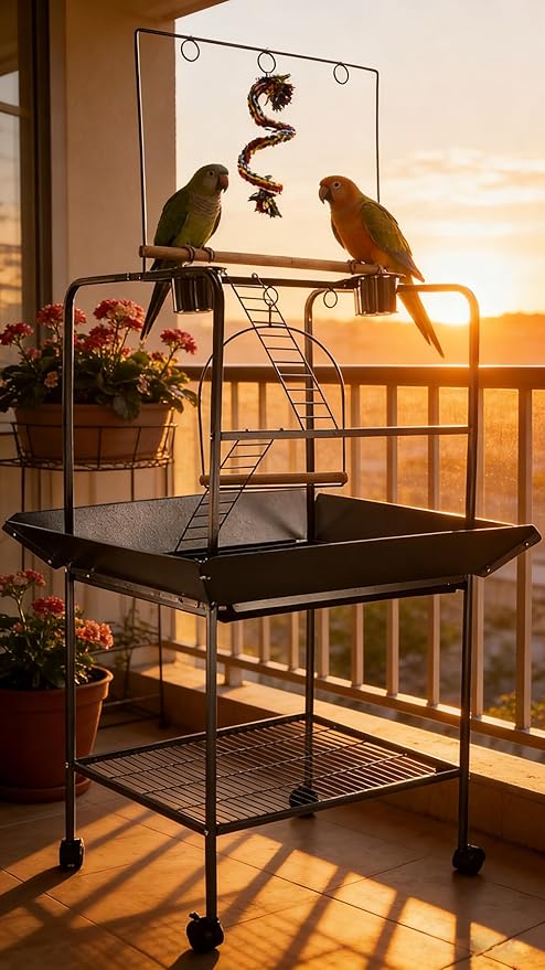 62 Inch Bird Cage with Wooden Perches, Standing Wrought Iron Birdcage with Wheels, Large Parrot Cage Bird Cages with Slide-Out Tray Water Bottle Feeder for Parakeets,Cockatiel, Canary,Pigeons