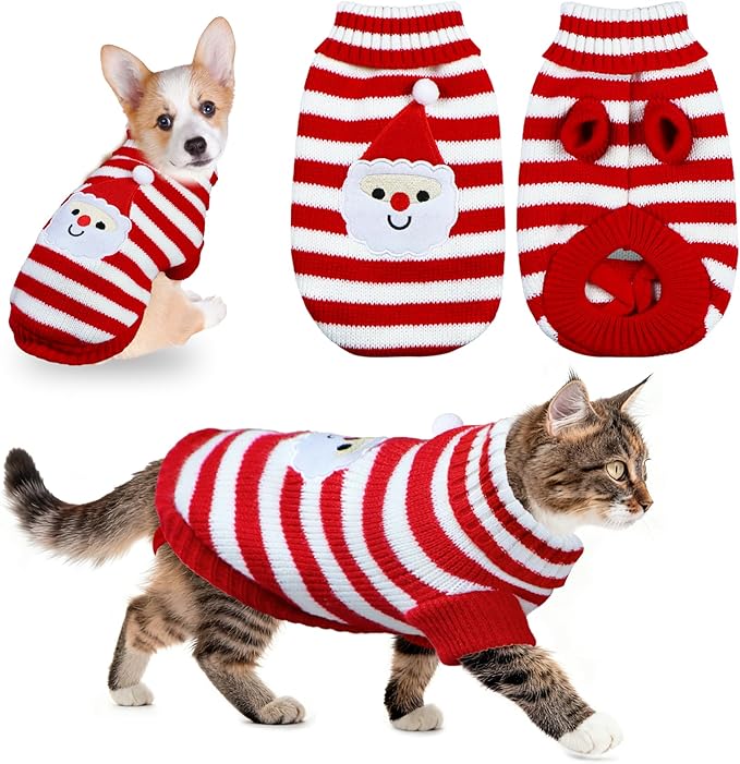 Cat Dog Christmas Sweater Pet Winter Warm Coat Pajamas Small Dog Sweaters Christmas Santa Sweater for Large Cats Small Dogs (Santa, L)