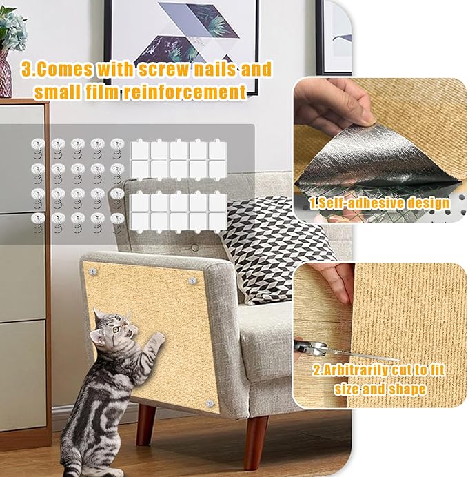 Cat Scratch Mat,118.5"x17.4" Trimmable Self-Adhesive Cat Scratch Furniture Protector, Sticky Cats Scratcher Wall Mat, Covering Cat’s Tower, Couch Protector from Cats Claws (Beige)