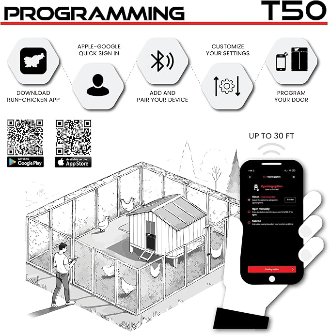 RUN-CHICKEN Door T50 – Automatic Chicken Coop Door Opener, Battery Powered & Weatherproof Aluminum, Smart App & Timer Control, Predator Proof, Easy Install, Reliable All-Season Performance (Gray)