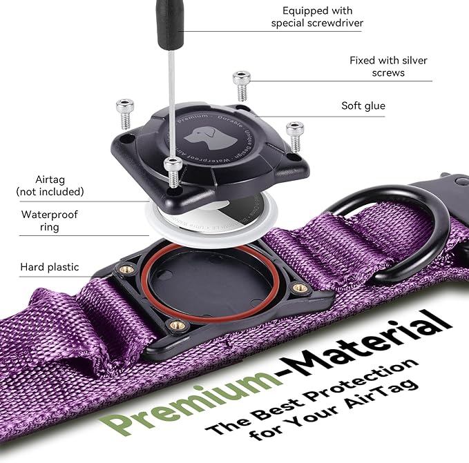 2025 Upgrade Waterproof AirTag Dog Collar, Military Tactical Dog Collar with AirTag Holder, Comfortable Control Handle and Metal Buckle, GPS Dog Collar Holder for Medium to Large Dogs (Purple, L)