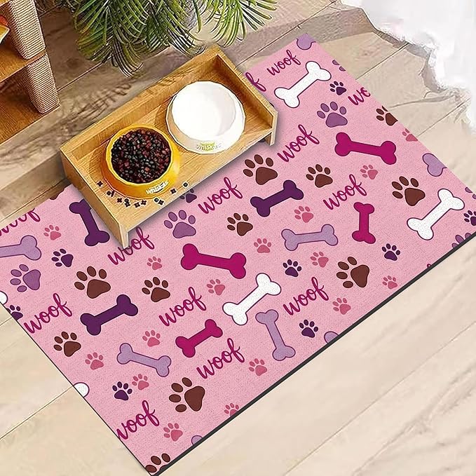 Dog Feeding Mat 20 x 12 Inch, Pink Paw Bone Woof Dog Placemat Absorbent Quick-Dry for Food and Water, Waterproof Non Slip Rubber Pet Bowl Pad Mat for Floors