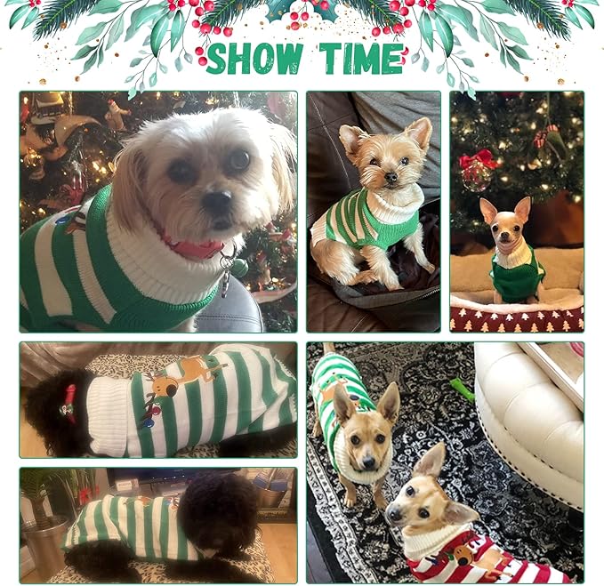 Christmas Dog Sweaters Xmas Pet Outfits Striped Elk Costume Holiday Clothes Gifts Puppy Cat Knitted Jumpers (XS,Green White Stripe Elk)