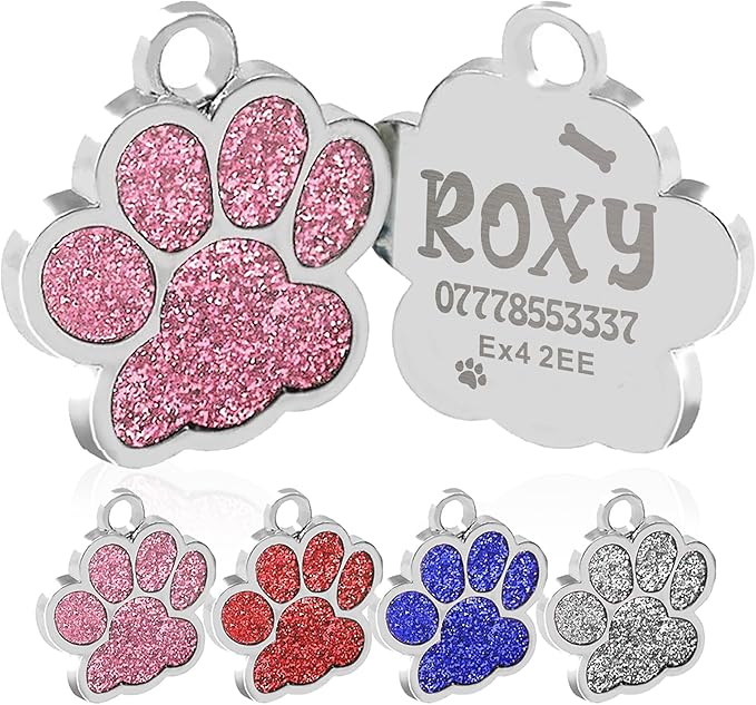 EDSG Cat Dog Tags Personalized for Pets, Dog Name Tags Cat Name ID Tag, Engraved Dog Tags Dog ID Tags Small Glitter Bling ID Tag Paw Print for Cat Pet Dog Puppy(Pink,Design 2)