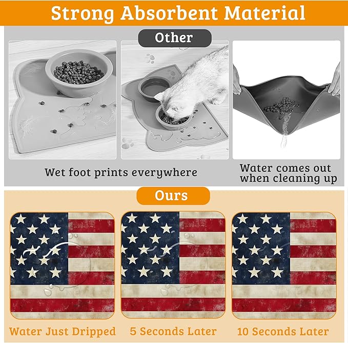 Retro Flag Dog Cat Food Mat,Absorbent Waterproof Placemat for Food and Water Non Slip Rubber Backing Durable Feeding Pad for Clean Floors 16" x 24"
