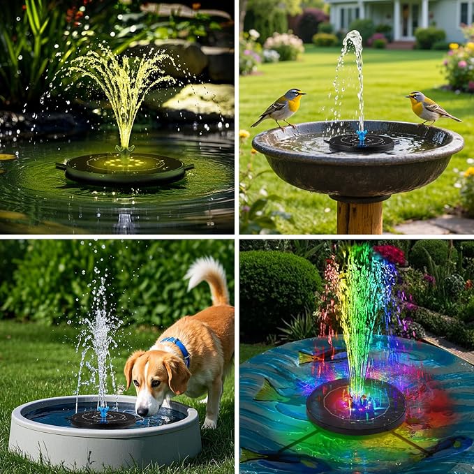 Solar Fountain Pump with 3 Spray Height Adjustments, Upgraded Glass Solar Bird Bath Fountains with LED Lights,6 Nozzles,Outdoor Solar Water Fountain for Bird Bath, Garden, Pool, Pond (Blue)