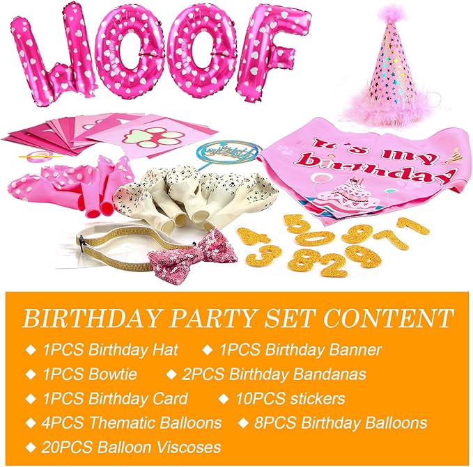 AROIC Dog Birthday Bandana Set, Pet Party Decorations Kit with 2 Bandanas, Fun Pet Birthday Party Decorations for Small Medium Dogs Pets, Cute Puppy Celebration Outfit with Hat, Bow Tie & Balloons