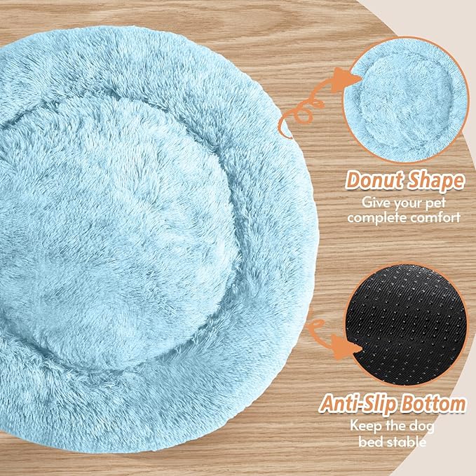 JOLLYVOGUE Calming Dog Bed Medium Size Dog, Anti-Anxiety Donut Medium Pet Bed, 31 inches Fluffy Faux Fur Round Cat Bed, Fits up to 45 lbs Pets (Light Blue)