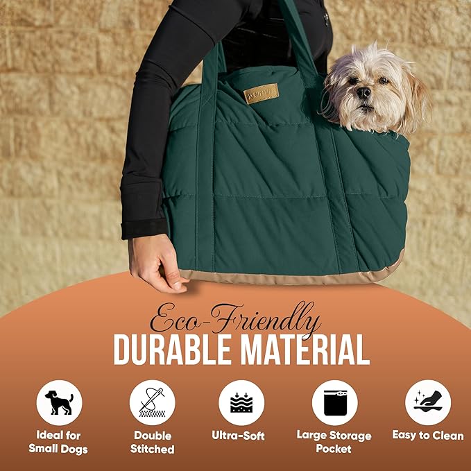 Plush Dog Purse Carrier for Small Dogs, Soft Dog Tote Bag with Safety Harness Clip, Cozy Pet Carrier for Dogs Under 15 lbs, Comfortable Dog Shoulder Carrier for Travel, Green