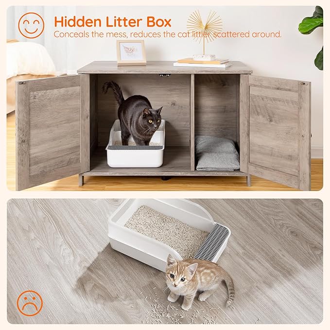 HOOBRO Litter Box Enclosure, Cat Litter Box Furniture with Removable Divider, Large Hidden Litter Box Furniture, Wooden Cat House, End Side Table, 31" L x 17.5" W x 19.7" H, Greige BG03MW01G2