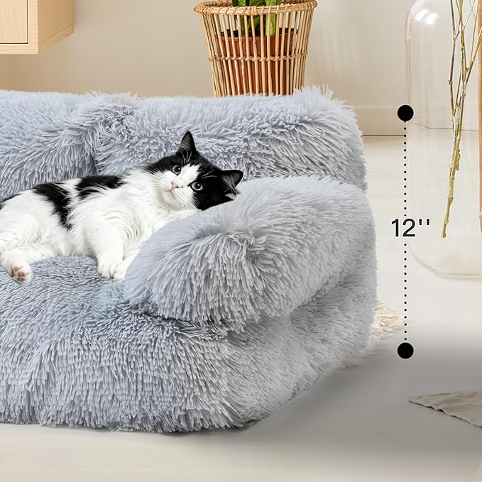 Large Cat Beds for Indoor Cats, Dog Couch Bed, Cute Cat Couch Sofas for Less 20lbs Kitten Puppy, Small Dog Sofas & Chairs with Removable Washable Cover, Warm Pet Furniture, Plush Light Grey