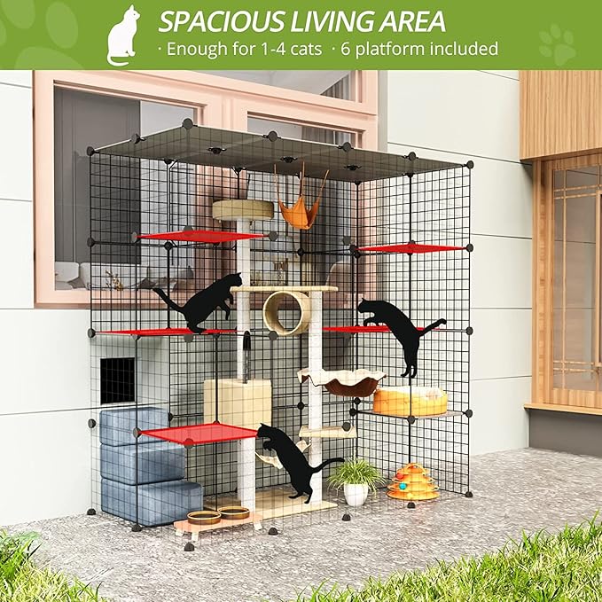 Oneluck Outdoor Cat House Cat Cages Enclosure with Super Large Enter Door, Balcony Cat Playpen with Platforms,DIY Kennels Crate Large Exercise Place Ideal for 1-3 Cats (55L x 28W x 55H)