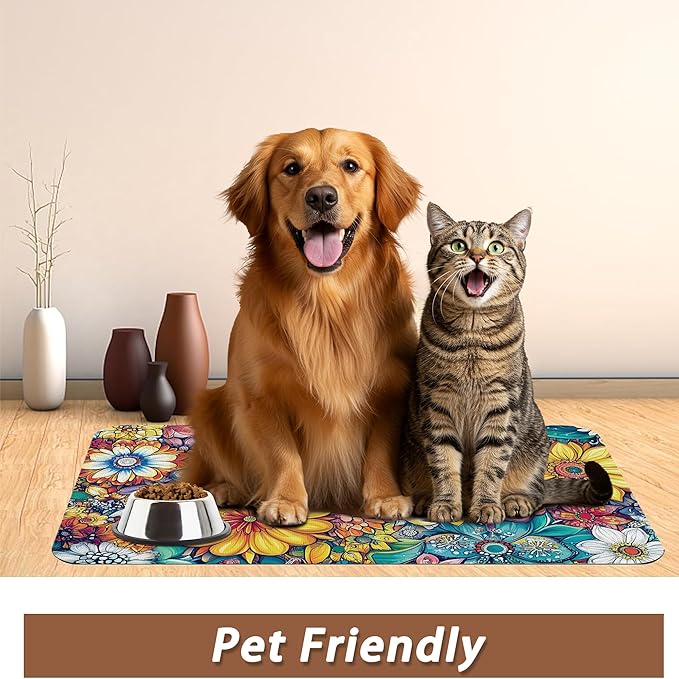 Floral Dog Food Mat for Floors,Cute Mandala Flower Absorbent Quick-Dry Pet Feeding Mat,Cat Dog Bowl Mats for Food and Water,Non-Slip Pet Accessories Supplies 16"x24"