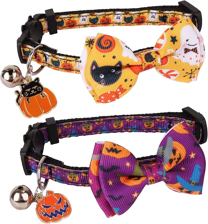 ADOGGYGO Halloween Cat Collars with Bow Bell, Orange Purple Pumpkin Bowtie, Breakaway Halloween Collars for Cats Kittens