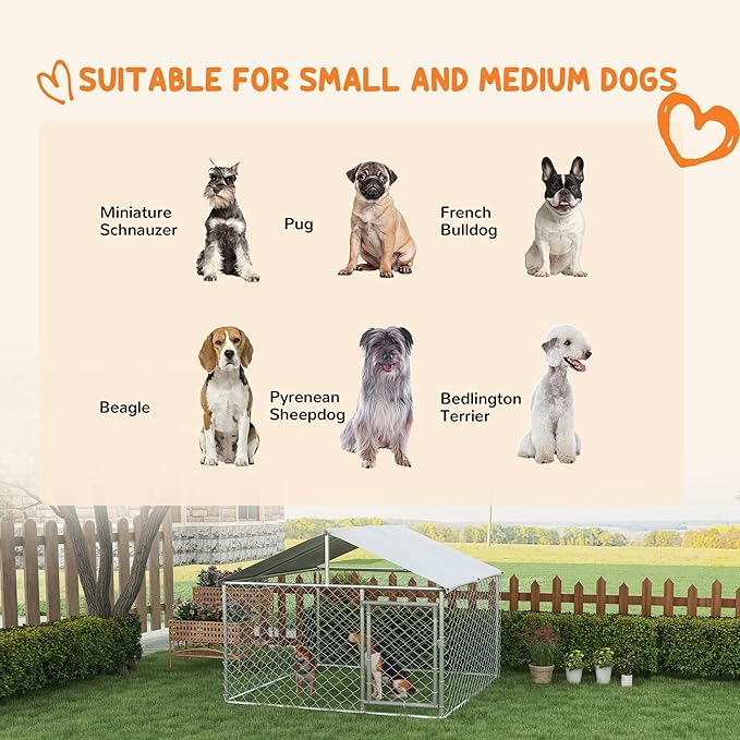 PawHut Outdoor Dog Kennel, Heavy Duty Dog Run Outdoor Fence with Waterproof Cover, Galvanized Chain Link, Secure Lock, for Large Breeds, Chickens, Ducks, 6.5' x 6.5' x 5'