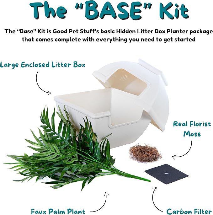 Good Pet Stuff Hidden Litter Box Planter, Decorative Cat Litter Enclosure with Carbon Filter, Artificial Plant, Easy Clean, Indoor Design, Courtyard Square Style, Base Kit, White Birch